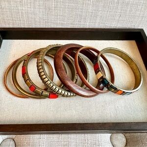 Set of wood and brass coloured metal Boho bangles bracelets cuffs